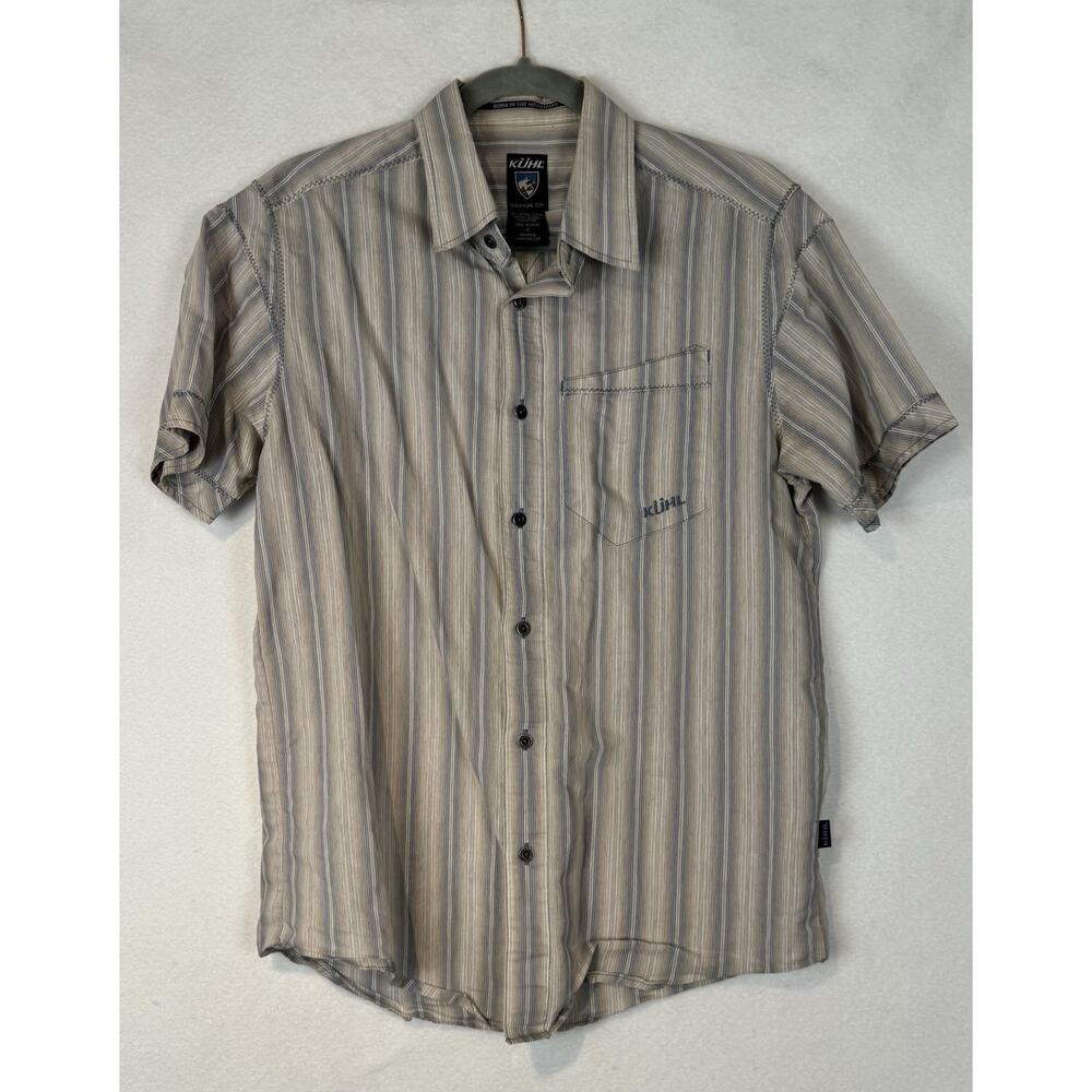 Kuhl Suncel Shirt Mens Medium Blue Gray Stripe Short Sleeve Button Up Outdoor